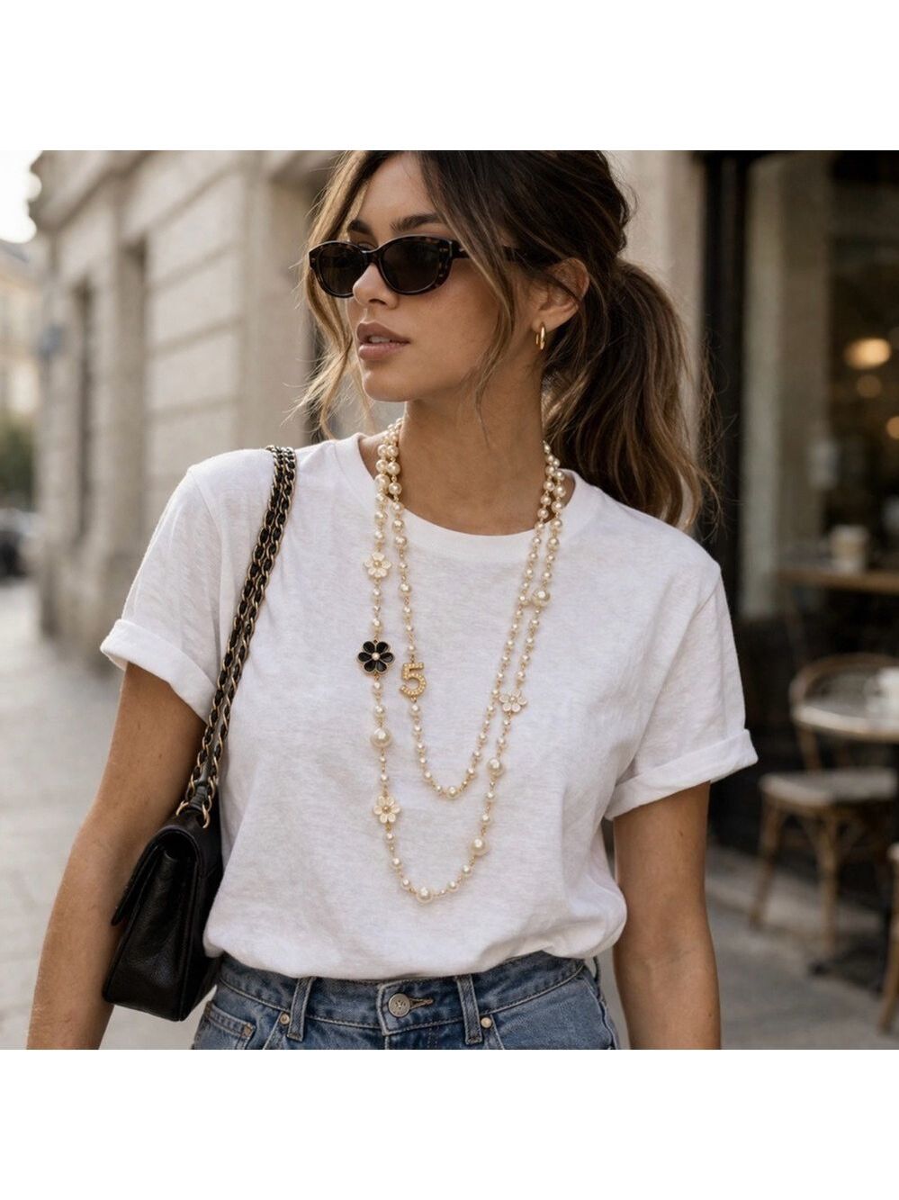 DUAL STRAND PEARL FLOWER NO.5 CHARM STATEMENT NECKLACE QUIET LUXURY COQUETTE - Picture 2 of 6
